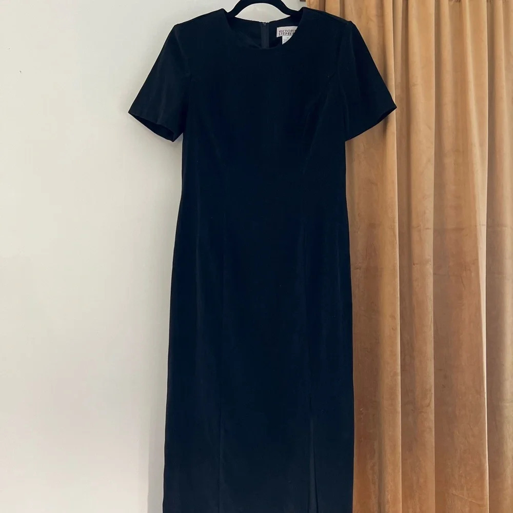 Vintage 90’s VICTORIA STEPHENS Black Suede Velvet dress with slit